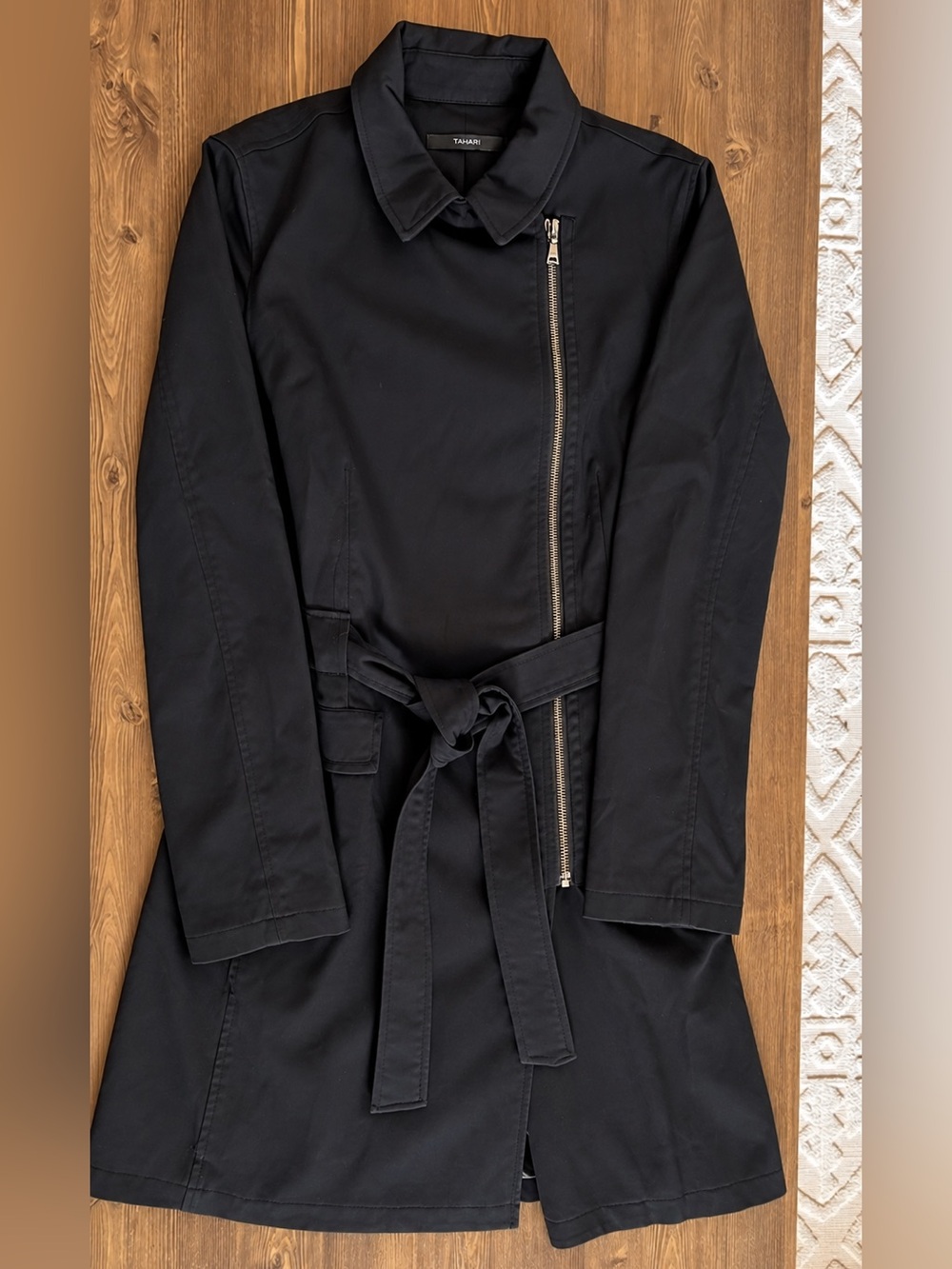 Tahari Black Belted Trench Coat Asymmetrical Zip Size 0